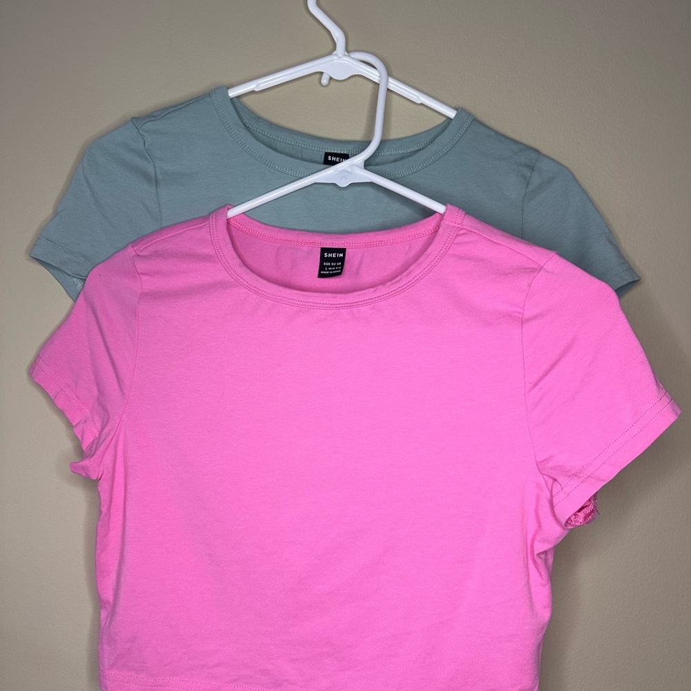 SHEIN Pink and Green Short Sleeve Tees